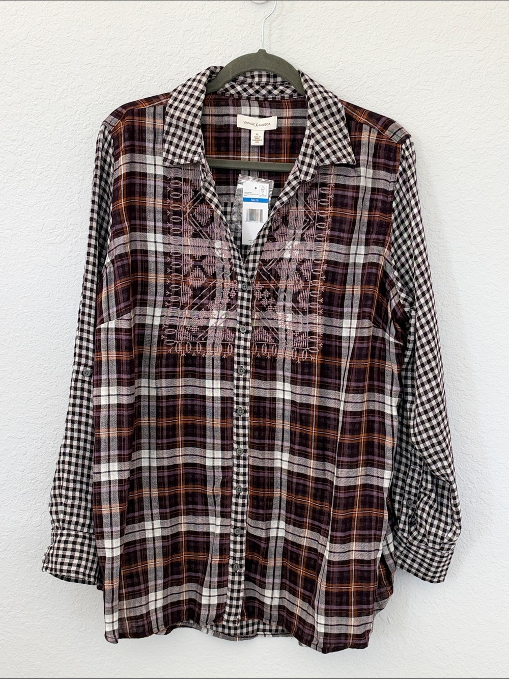 NWT Vintage America XL Plaid Embroidered Tunic Shirt Boho Roll Tab